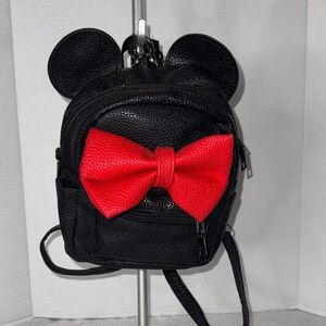 Disney Mini Backpack or shoulder bag adj. straps black faux leather red bow 9x8